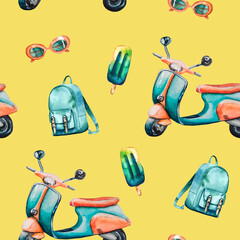 Watercolor hand painted seamless pattern with vintage scooter, backpack, ice cream and orange sunglasses on yellow background. Perfect for fabric, wrapping paper or scrapbooking.