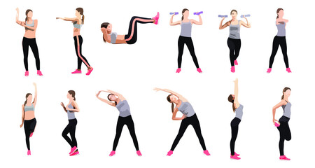Set of fit young woman stretching and exercising made of simple abstract shapes. Editable vector illustration. 