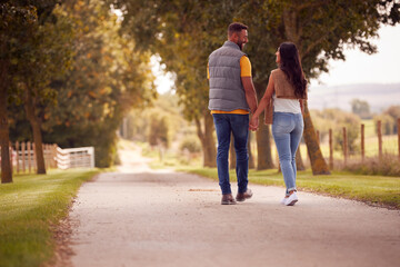 Fototapeta premium Rear View Of Loving Couple Walking Hand In Hand Along Track Through Countryside