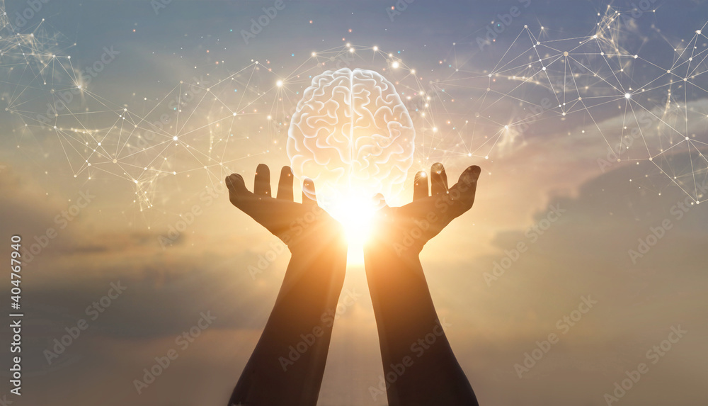 Poster Abstract palm hands holding brain with network connections, innovative technology in science and communication concept