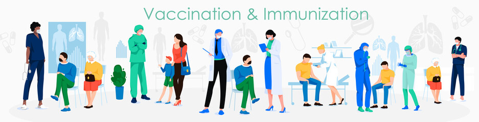 Vaccination and immunisation banner. Doctors examining, treating and vaccinating patients. Healthcare, and disease prevention, vaccination campaign concept flat vector illustration.