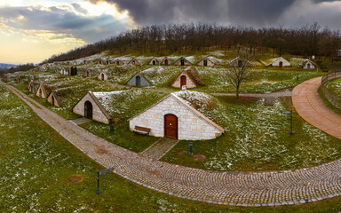 Traditional wine cellars in Hercegkut near Sarospatak Tokaj region Hungary - Button Hill