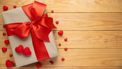 wooden background with gift box and red hearts for Valentines day 
