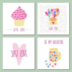 Set of Happy Valentines Day card poster with hand drawn elements and lettering isolated on background template. Cute romantic vector illustration