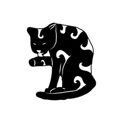 Cosy hand drawn cat with decorations. Waves. Vector illustration. Editable lines. Black and white.
