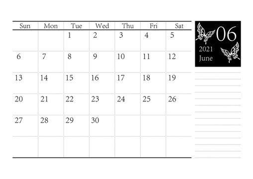 胡蝶 アゲハチョウのシンプルなモノクロのカレンダー 2021年6月 ベクター