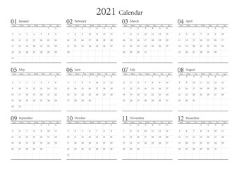 2021年 シンプルなカレンダー 12カ月 ベクター