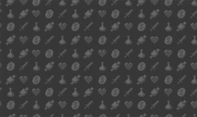 Seamless pattern 8-bit pixel graphics Video Game icon. Signs Heart, Sword, Coin, Potion Bottle. Pixel art Background for design, wallpaper, web.