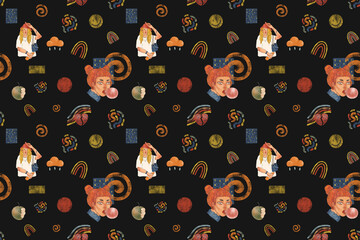 Materiał do szycia Modern raster seamless pattern with girls and abstract shapes. Illustration can be used for wallpapers, pattern fills, web page backgrounds,surface textures.