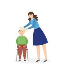 Woman bandages the head of a wounded boy, flat vector illustration isolated.