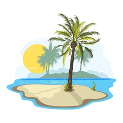Fototapeta na wymiar Dessert island, dreamy land, exotic paradise, oasis for body and soul. Vector blooming palm tree, burning sun, ocean, summer vacation design isolated on white background