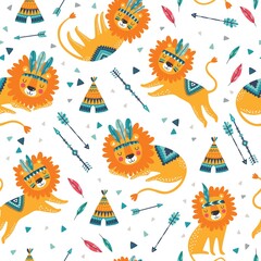 Cute tribal lions seamless vector pattern. Cute childish repeated texture. Cartoon lions. Template for kids fabric.