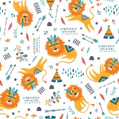 Cute tribal lions seamless vector pattern. Cute childish repeated texture. Cartoon lions. Template for kids fabric.