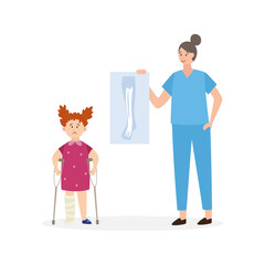 Kid injury, girl with leg in cast and nurse holding an x-ray a vector illustration