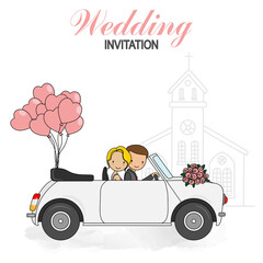 Wedding invitation card. Bride and groom in wedding car. Isolated vector