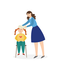 Woman bandages the head of a wounded child, flat vector illustration isolated.