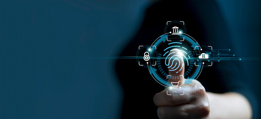 .Technology safety of future and cybernetic on internet, Fingerprint scan provides access of...
