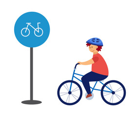 Child rides a bicycle wearing helmet flat vector illustration isolated.