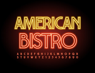 Vector trendy logo American Bistro. Modern Illuminated Font. Neon Red Alphabet Letters and Numbers set