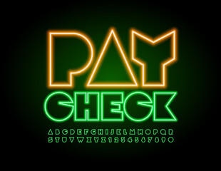 Vector creative template Pay Check. Abstract electric Font. Neon light Alphabet Letters and Numbers set