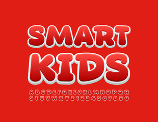Vector cute sign Smart Kids. Bright Red and White Font. Creative Alphabet Letters and Numbers set
