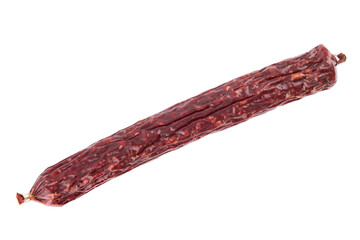 Salami smoked sausage piece isolated on white background. Salami, salami smoked sausage. Smoked...