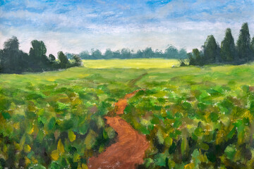 Road through the spring green field paintings monet painting claude impressionism paint landscape meadow oil - obrazy, fototapety, plakaty