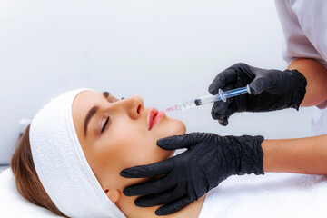 Photo of procedures for botulinum therapy of the face. Syringe with injection. A drug for skin...
