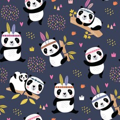 Seamless childish pattern with hand drawn cute pandas. Creative Scandinavian kids texture for fabric, wrapping, textile, wallpaper, apparel. Vector illustration