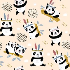 Seamless childish pattern with hand drawn cute pandas. Creative Scandinavian kids texture for fabric, wrapping, textile, wallpaper, apparel. Vector illustration