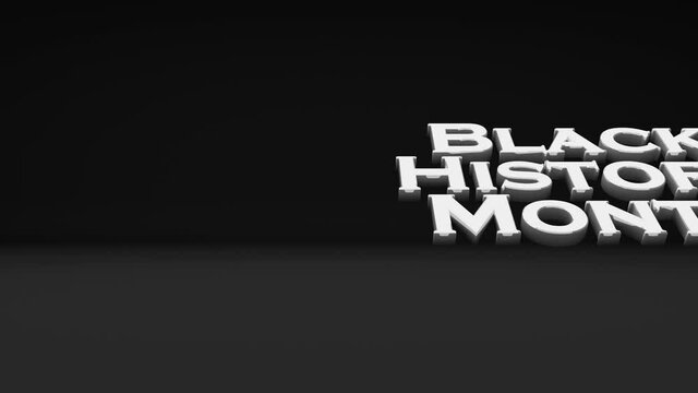 3D animation of Black History Month Text in Silver reflective metallic color, isolated on black background.