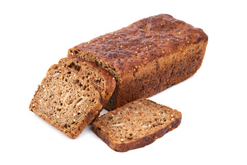 Loaf Of Whole Grain Bread. Detailed close-up of sliced grain bread on white background. Homemade healthy bread. Bakery - gold rustic crusty loaves of bread and buns. Flat lay. Food concept.
