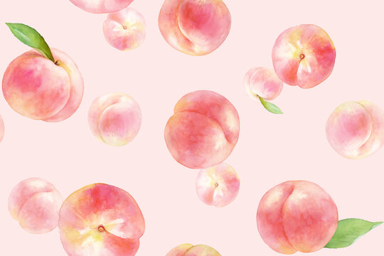 ジューシーな桃のシームレスパターン。水彩イラスト。ピンク色背景。