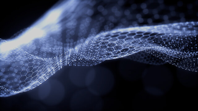 Abstract 3D Technology concept. Big Data and Artificial Intelligence represented as a High Tech Futuristic Particle Network. Abstract background. 3D render