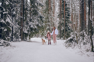 Fototapeta na wymiar Happy family young mother and little cute girl in pink warm outwear walking having fun with red shiba inu dog in snowy white cold winter forest outdoors. Family sport vacation activities.
