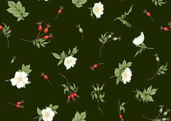 Rose hips with flowers and berries seamless pattern. Graphic drawing, engraving style. Vector illustration on black background