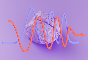 Human brain model and red blue curved arrows on violet background, 3d illustration