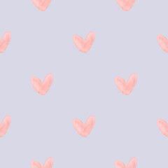 Vector watercolor seamless pattern with pink hearts, cute love texture on blue background