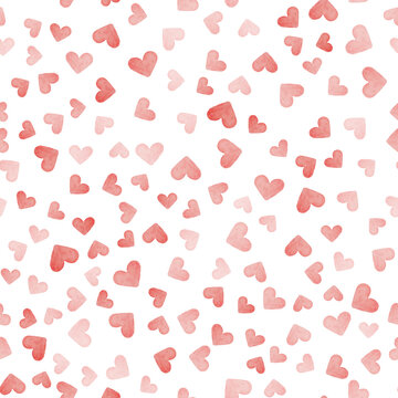 Vector watercolor seamless pattern with pink hearts, cute love texture on white background