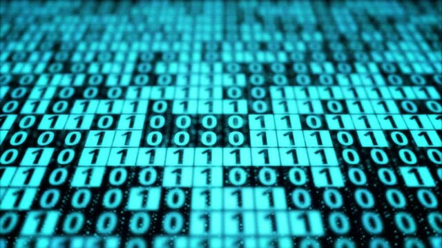 Blue digital binary code matrix on computer monitor display screen, pattern of bit data block processing, modern cyber security coding technology concept background