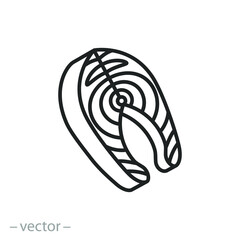 salmon steak icon, piece meat fish, oily fillet seafood, thin line symbol on white background, editable stroke vector illustration