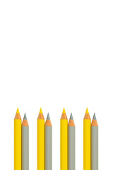 Pencils in trendy Ultimate Gray and Illuminating colors of the year 2021, isolated on white background with copy space.