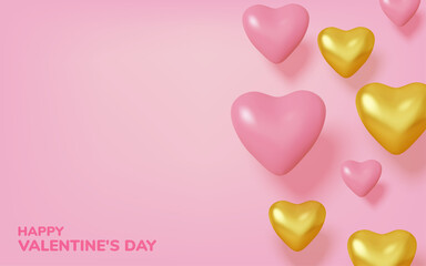 Valentines Day greeting card. Realistic 3d pink and gold hearts. Love and wedding. Template for products, web banners and leaflets. Vector