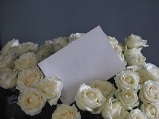 A large bouquet of white roses on a gray background.Space for text.Greeting card.