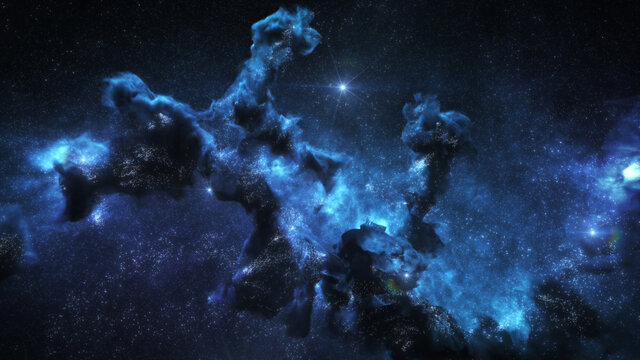 Blue Outer Space Background with Nebula Clouds and Stars. Galaxy Astronomy image showing a dramatic view of the Universe. 3D render