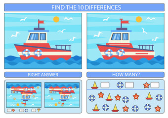 Difference game. Children funny riddle worksheet. Two different boat at sea in flat style. Game kids mathematical exercise. Vector illustration.