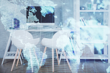 Double exposure of business theme drawing and office interior background. Concept of success