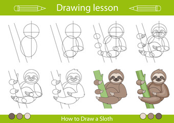 Drawing lesson for children. Tutorial drawing a cute sloth. Step by step repeats the picture. Actives worksheets with cartoon animals. Kids funny activity art page. Vector illustration.