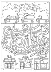Children maze and coloring. Road from cars to shops. Kids labyrinth game. Activity page. Find the right path. Funny riddle. Education art worksheet. Vector illustration