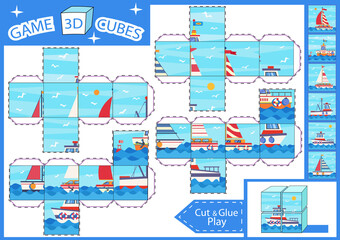 Kids paper craft. 3 d Cubes puzzle. Cut and glue cube with cartoon sea boats. Children activities game. Find matching parts picture. Kids activity page for book. Vector illustration.